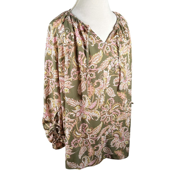 Belle Kim Gravel Boho Free Spirit Blouse Olive Dusk Paisley Peasant Top Size 1X - Picture 3 of 10